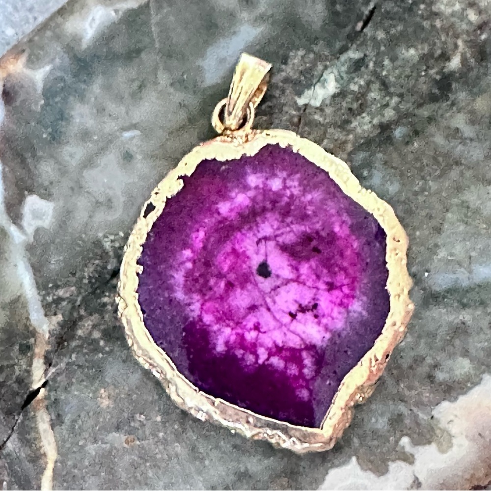 Handcrafted Artisan Jewelry Purple-Pink Agate Slice Pendant with Gold Trim